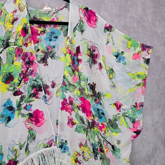 OP White Floral Fringe Boho Beach Swim Cover Up Duster Kimono XL Extra Large - Picture 4 of 6